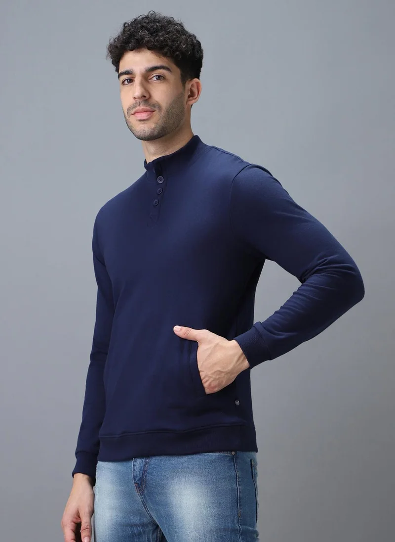 أوربانو فاشن Urbano Fashion Men's Blue Cotton Solid Button High Neck Sweatshirt